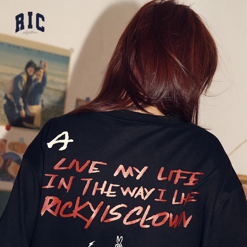 RickyisClownRiC漩涡兔黑胶唱片长袖T恤重磅落肩宽松情侣上衣潮