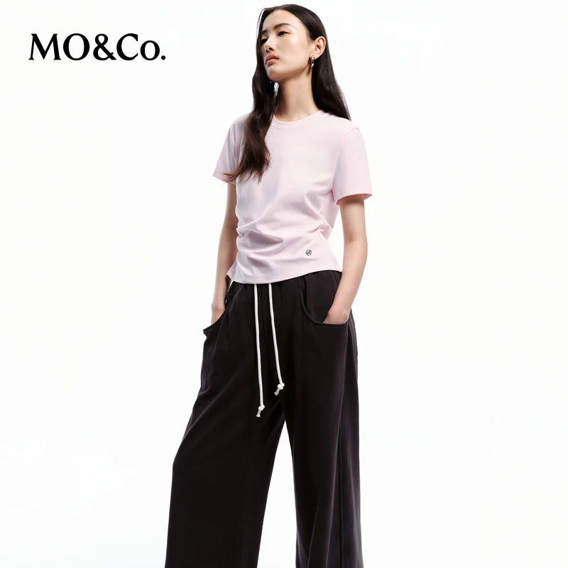 MOCO春MC金属标捏褶修身收腰棉质弹力短袖T恤MBD1TEEK10