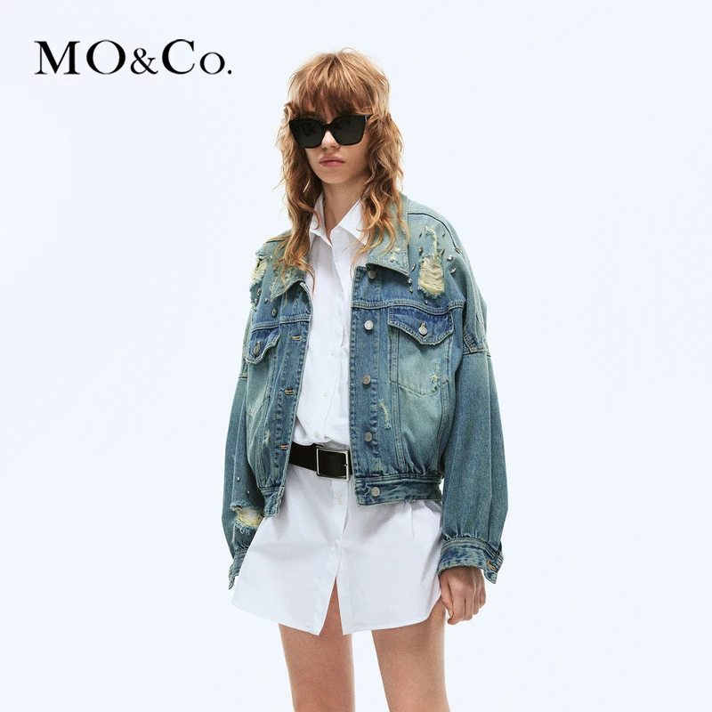 【流光风】MOCO手缝钻饰破洞蝙蝠袖土耳其棉牛仔外套MBD1JKT005