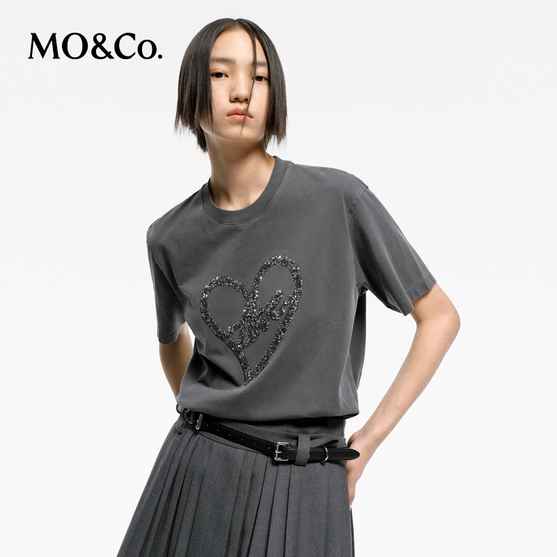 MOCO春季爱心珠片绣套色脏染棉质短袖圆领T恤MBD1TEEK02