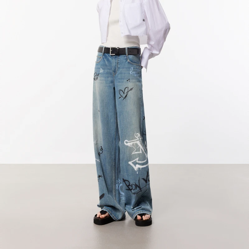MOCO夏航海手绘涂鸦中低腰磨边怀旧直筒牛仔裤MBD2JEN013