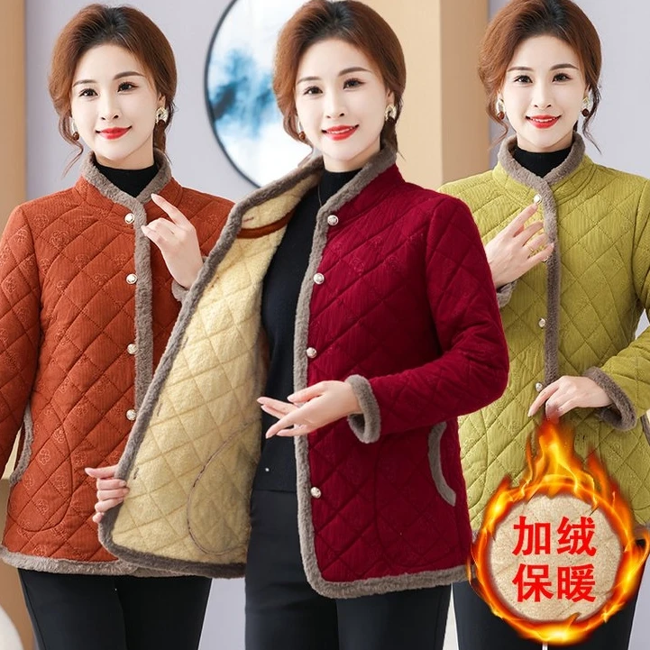 妈妈秋冬加绒大码宽松中老年女装纽扣轻薄棉服加厚棉衣袄立领外套