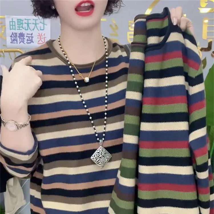 欧洲站秋冬新款圆领条纹针织衫女装宽松显瘦百搭休闲毛衣打底上衣
