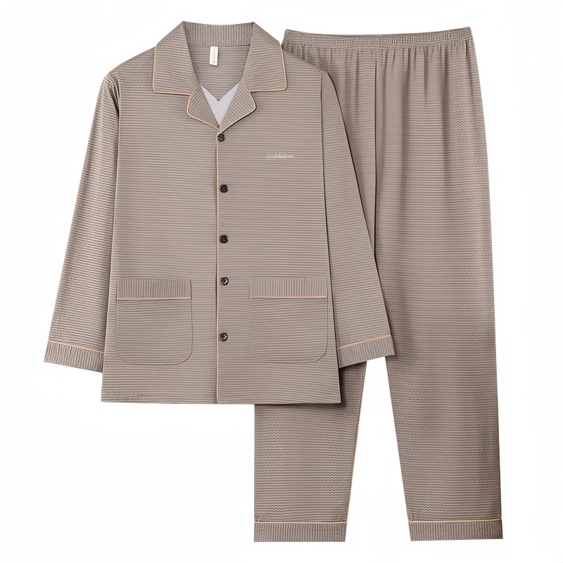 睡衣男士秋冬开衫款长袖长裤中老年人加大码爸爸可外穿家居服套装