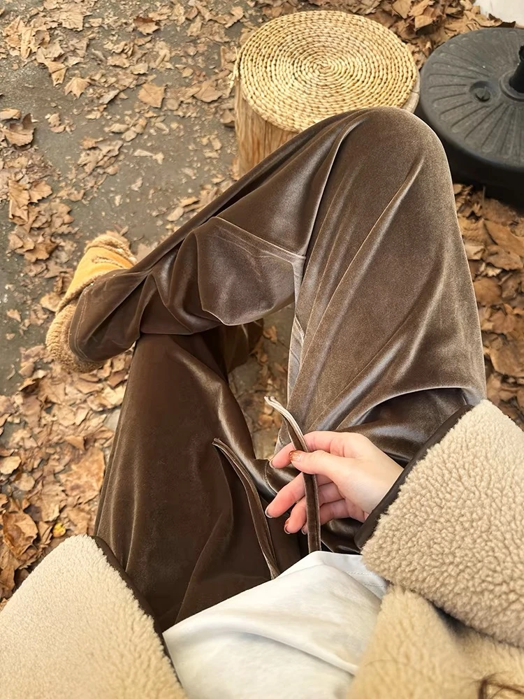 春上新南韩丝金丝绒显瘦垂感直筒裤宽松阔腿裤高腰金丝绒裤子