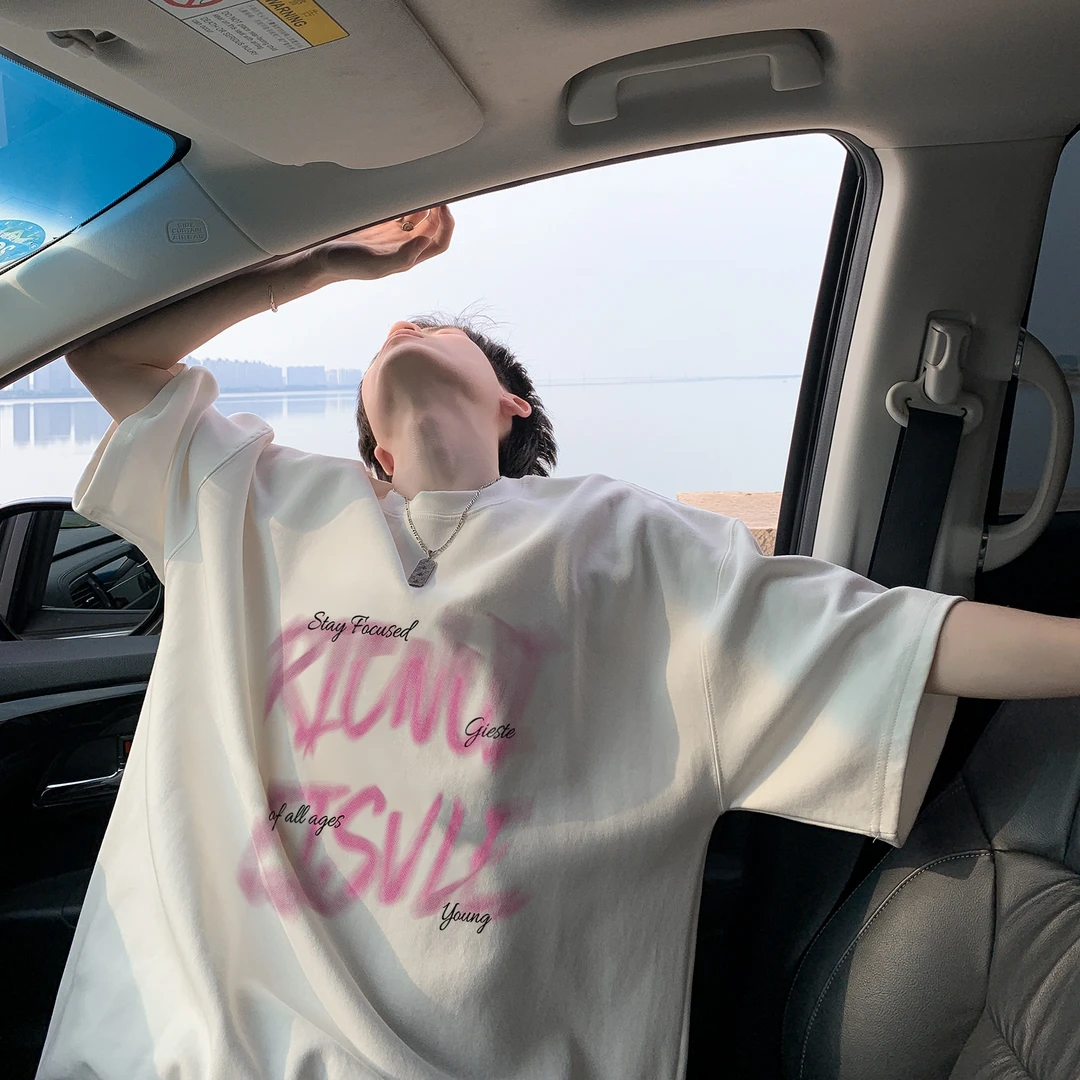 XXZZ 夏季美式潮牌彩色模糊字母设计短袖T恤男宽松百搭情侣五分袖