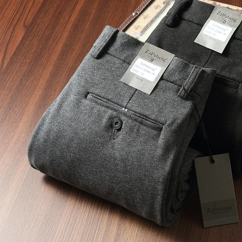 欧洲站秋冬厚款磨毛保暖毛呢男裤免烫直筒通勤男士灰色商务休闲裤