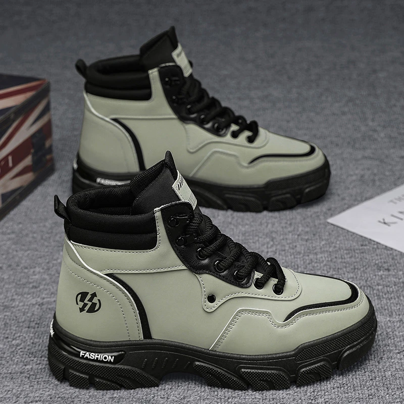 2高帮男鞋子秋季新款工装风户外登山冬季加绒棉鞋劳保工地马丁靴R