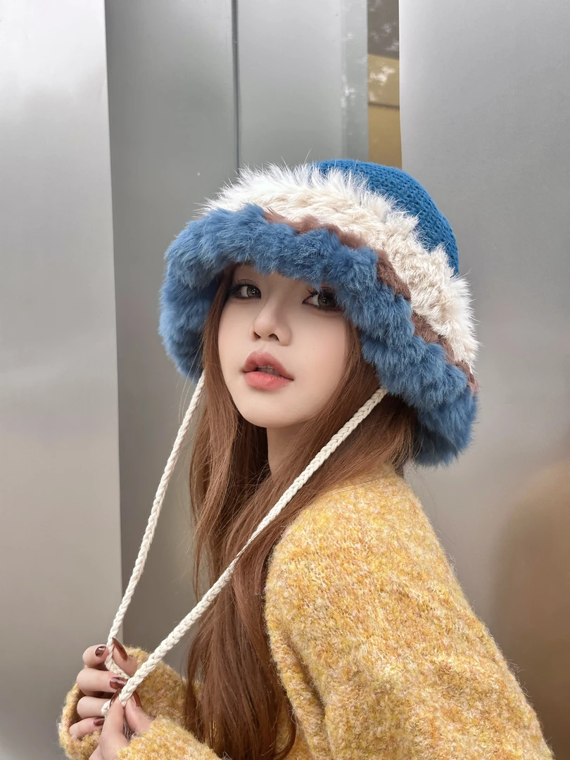 手工编织兔毛民族帽时尚百搭秋冬女款保暖毛线毛绒帽子八角毛线帽