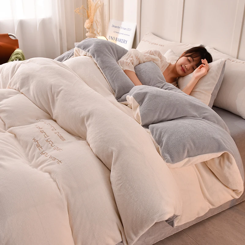 水星家纺适用2025双拼绣花宝宝绒冬绒毛四件套被套亲肤保家纺