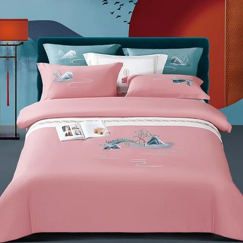 水星新家纺高端全棉床上用品秋冬款床上四件套长绒棉磨毛刺绣简