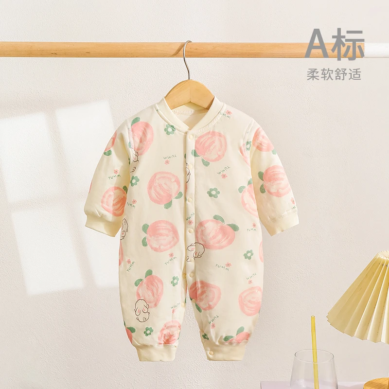 婴儿春秋季夹棉连体衣男女宝宝纯棉保暖衣新生儿卡通爬服哈衣舒适