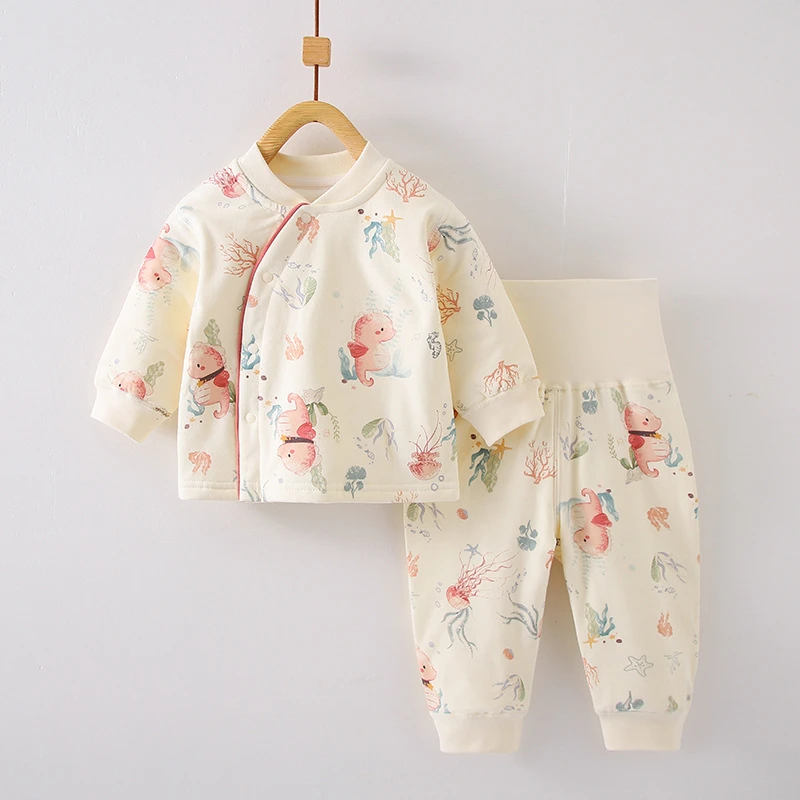 新生婴儿薄棉高腰护肚套装宝宝开裆睡衣儿童