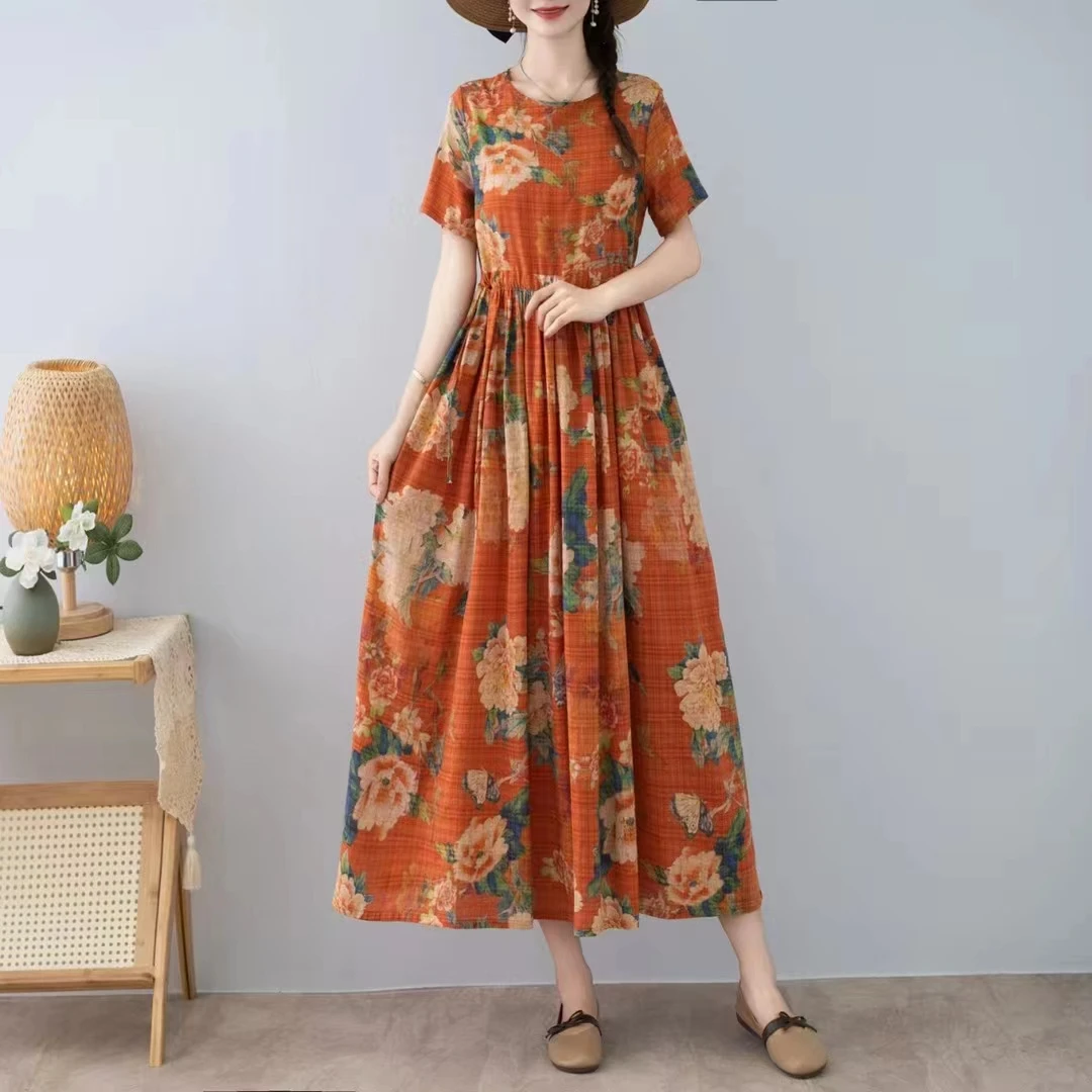 夏季新款印花百搭女装连衣裙修身显瘦时尚休闲减龄棉麻文艺复古裙