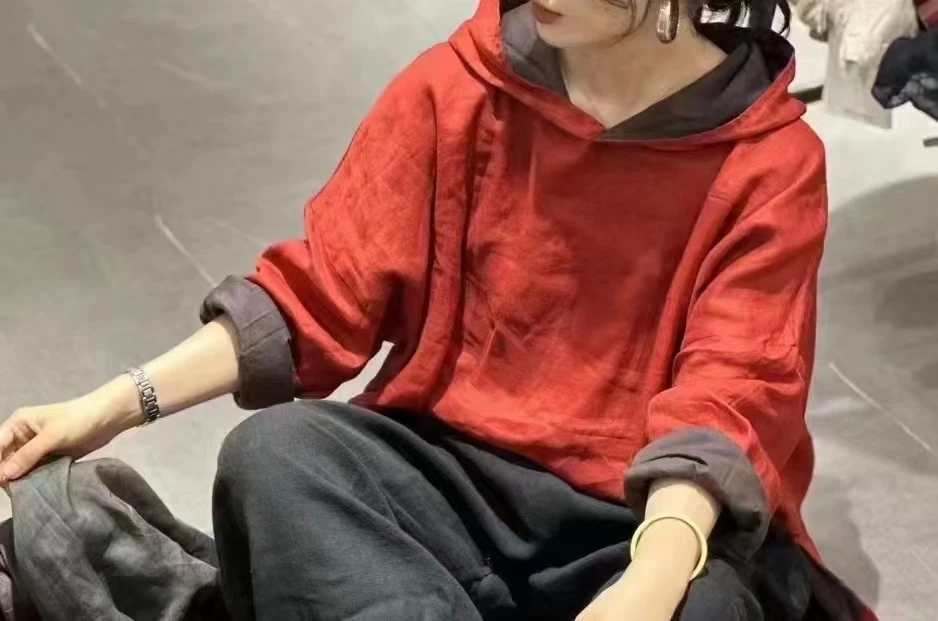 2629文艺苎麻休闲百搭连帽上衣（双层）