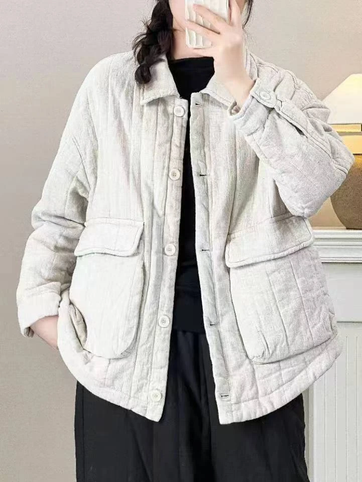 88123砂洗亚麻翻领棉服