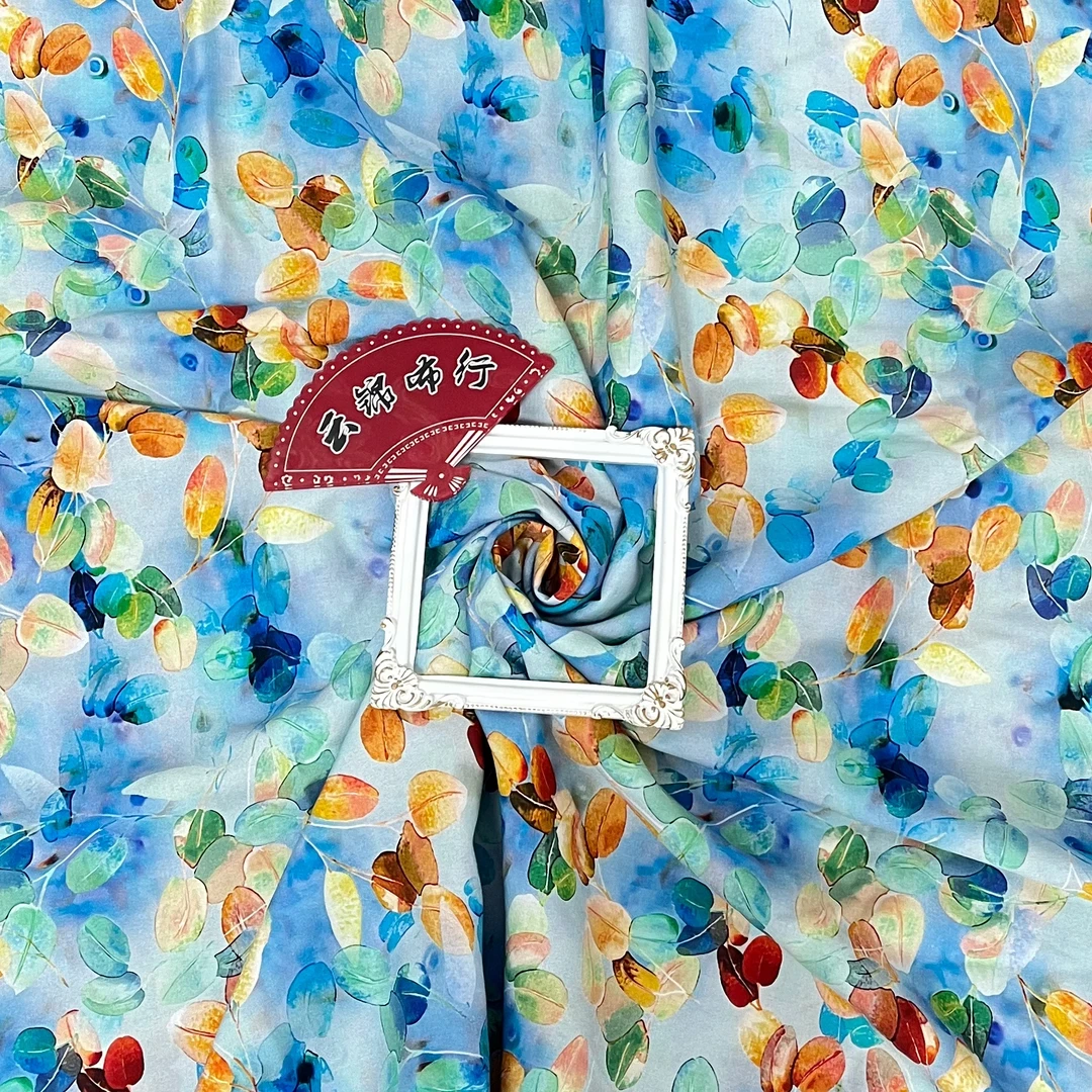 【云锦1店】24503-5号 蓝色晕染底树叶 棉绸服装面料定制布料