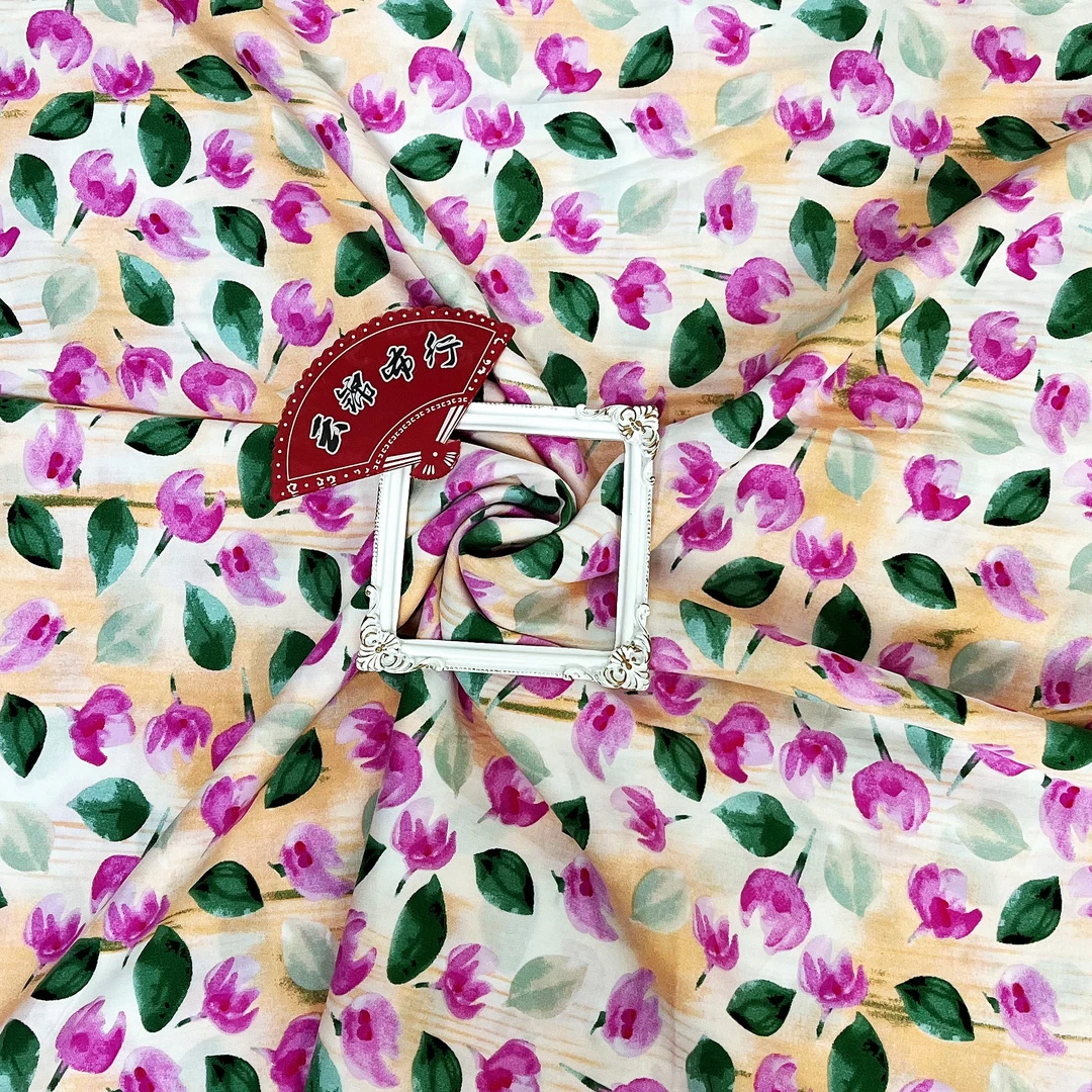 【云锦1店】24716-4号 绿叶郁金香 棉绸服装面料布料