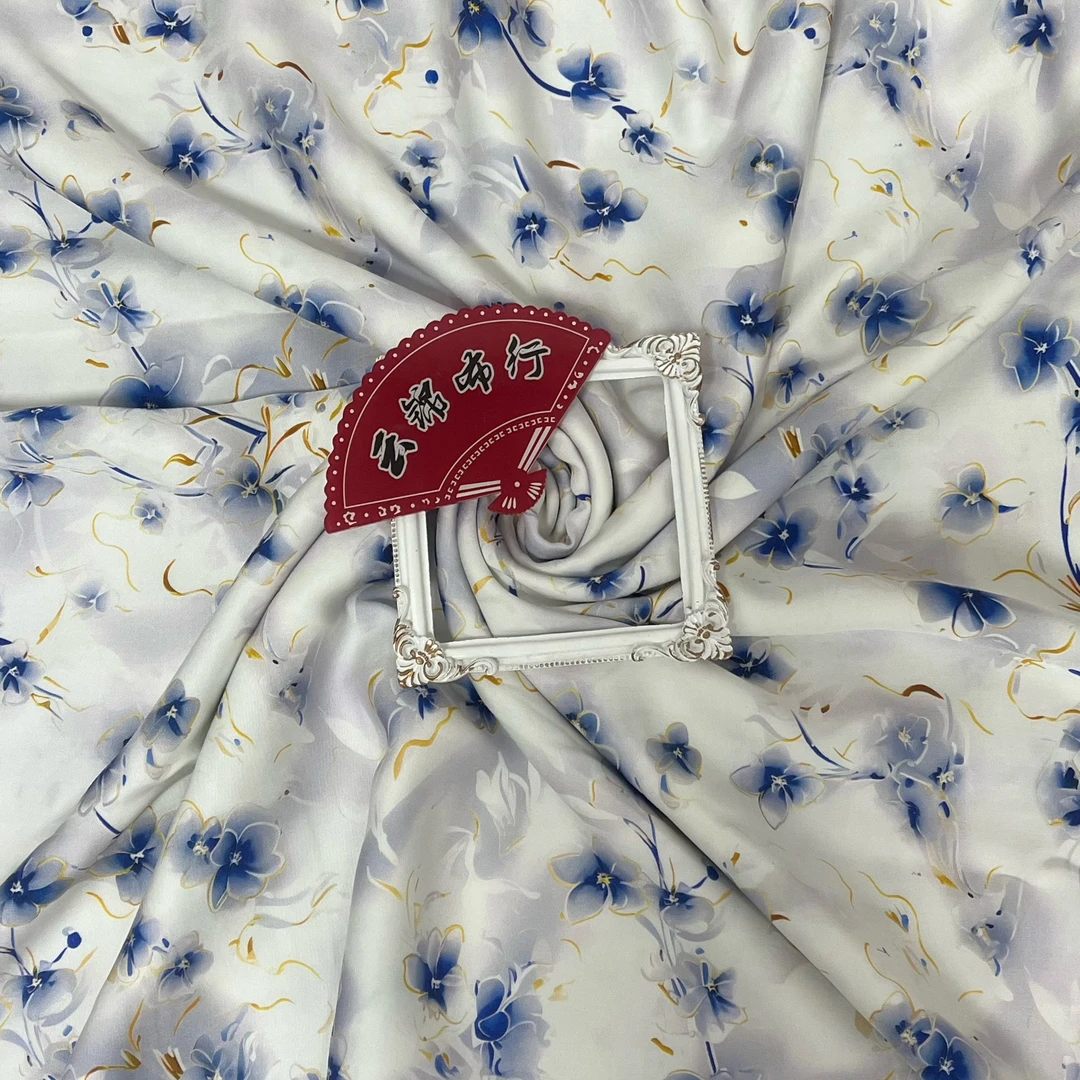 【云锦1店】24308-5号白底黄边蓝色小花棉绸服装定制面料布料亲肤