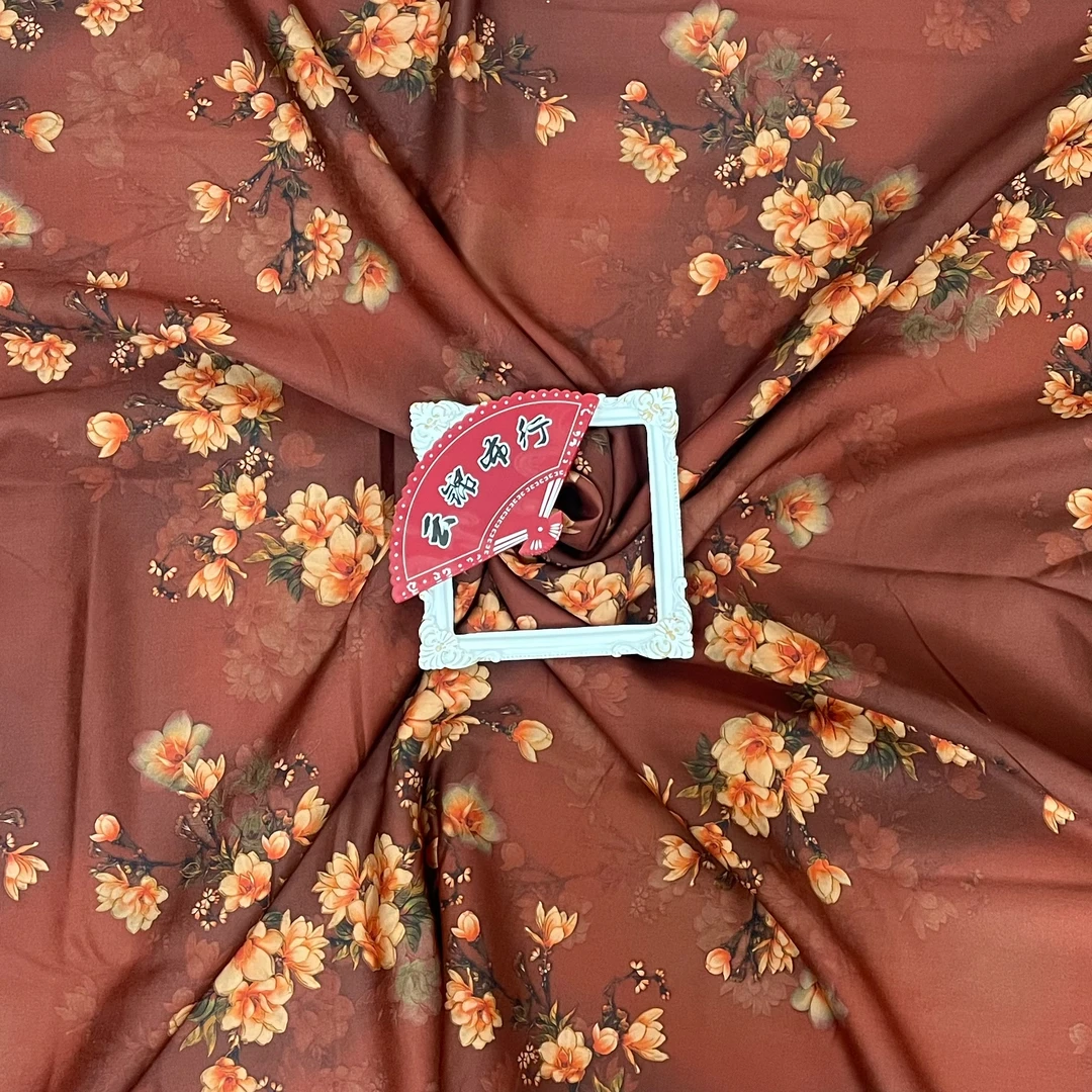 【云锦1店】24314-4号 深褐色底小玉兰花 棉绸服装定制布料