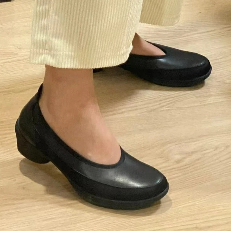 【慧丽船鞋舒适平底】时尚德货秋季新款百搭常青中跟黑色单鞋6701