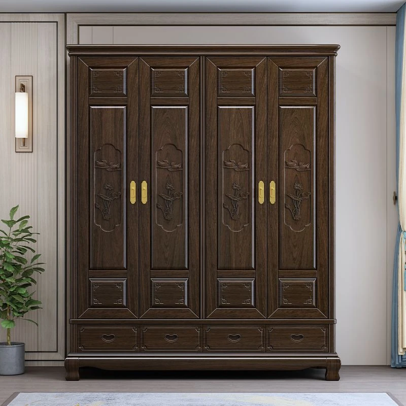 南美檀木实木大四门衣柜中式对开门衣橱古典储物家具复古收纳衣柜