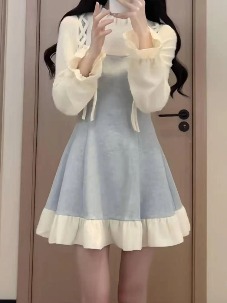 501#（短款）茶歇拼接长袖假两件早春连衣裙小众遮肉灯芯绒荷叶边裙