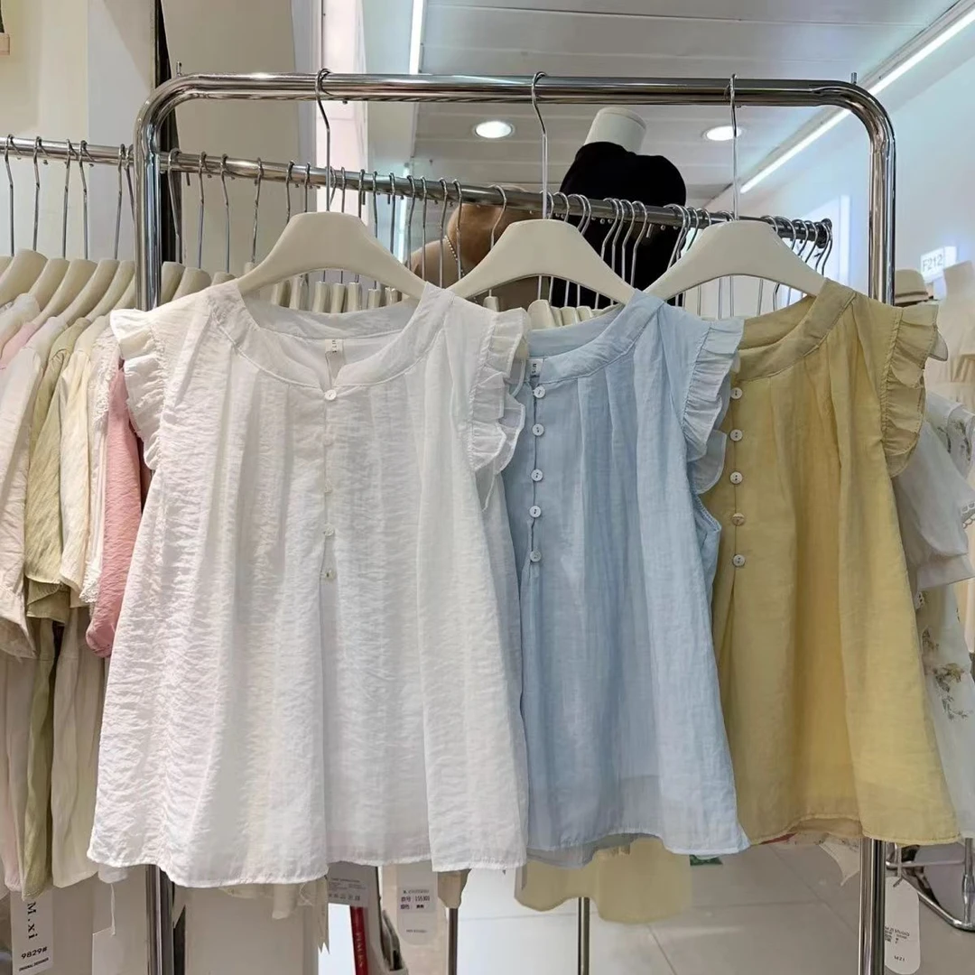 7001#韩系小众蓝色衬衫女夏慵懒木耳边无袖圆领压褶小飞袖上衣