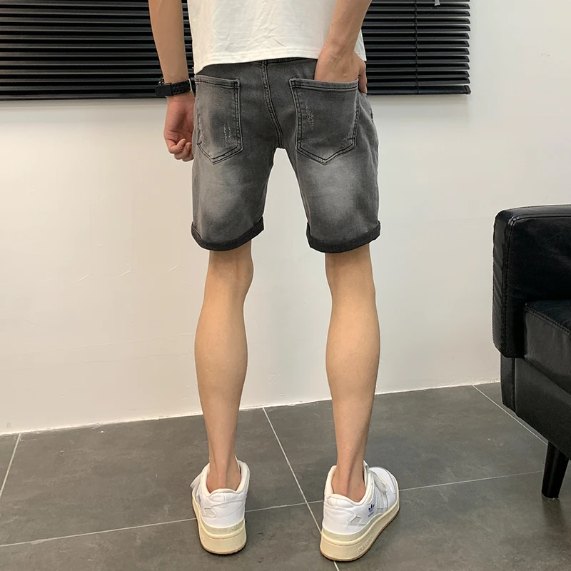 夏季牛仔裤短裤男士潮流猫须修身弹力百搭直筒五分裤牛仔裤男中裤