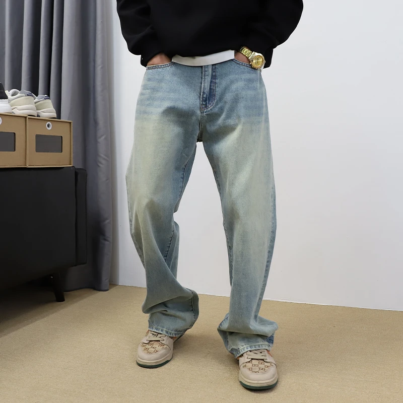 2024秋季新款美式复古休闲牛仔裤男士水洗蓝色泥黄宽松阔腿直筒裤