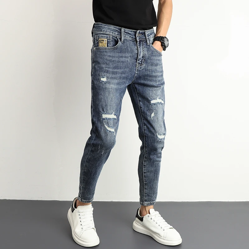 2024早秋新款破洞潮流牛仔裤男款弹力修身小脚裤水洗蓝色九分裤男