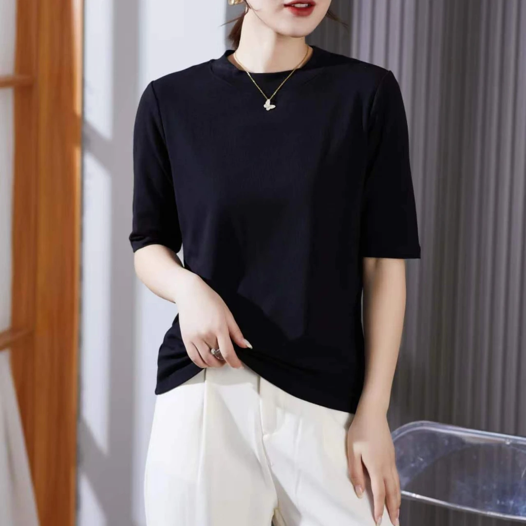 半袖五分袖简约打底衫女秋季T恤百搭显瘦小立圆领内搭纯色气质女