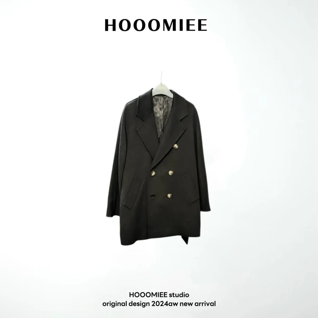 Hooomiee经典双排扣中长款毛呢大衣轻奢时尚短款外套WX901-2