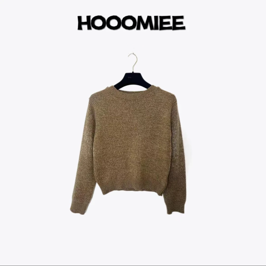 Hooomiee经典驼色衣领字母扣钉女士针织圆领毛衣ML24146
