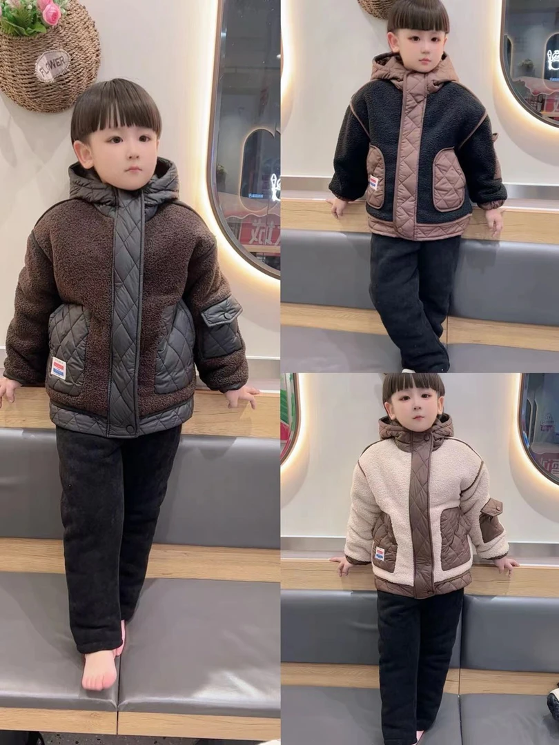 新款男女同款带帽三层加厚家居服套装儿童