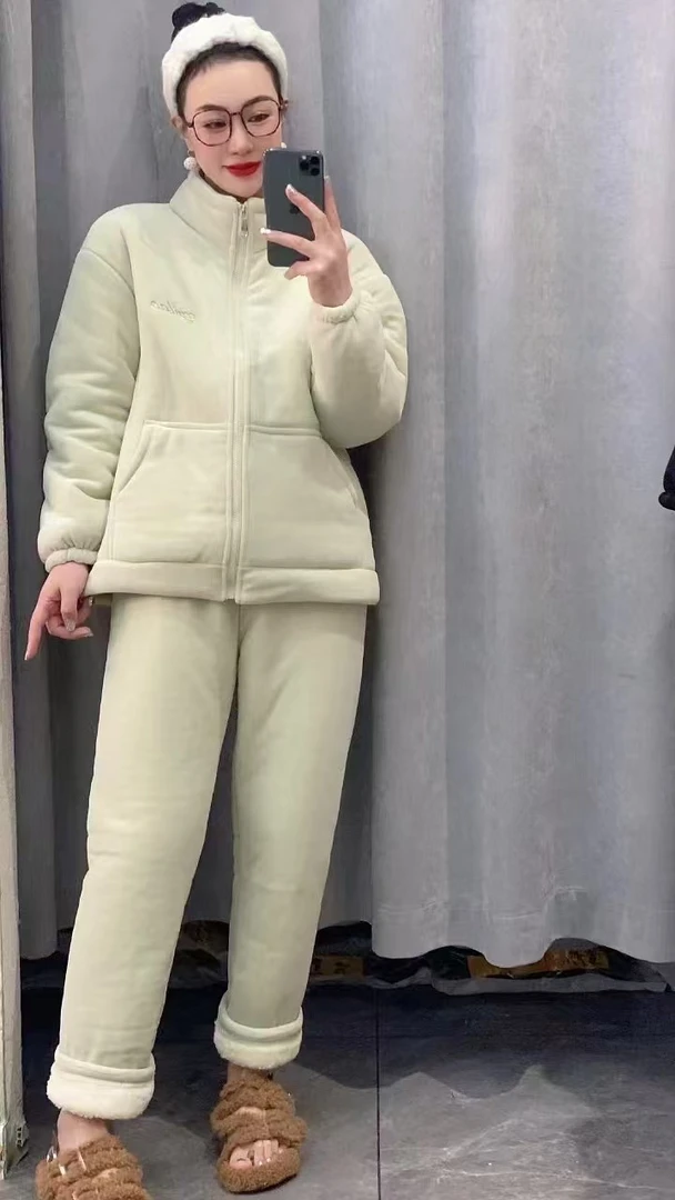 新款颗粒绒三层加厚家居服套装女士