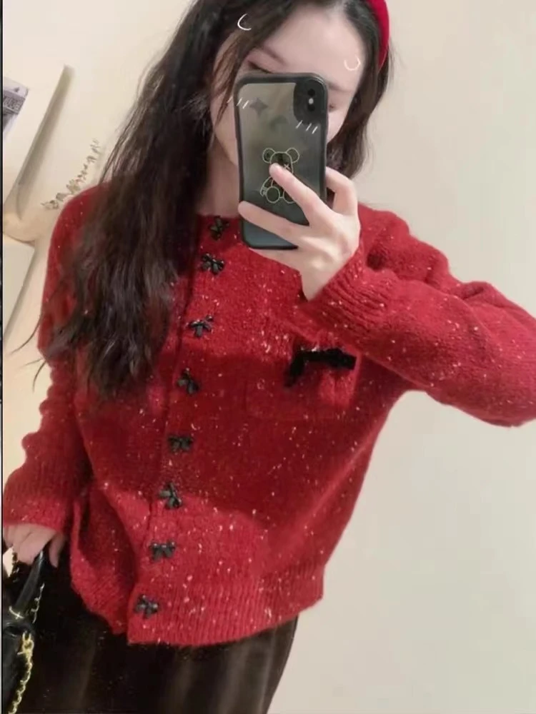 小香风秋冬款新年圣诞红时尚百搭甜美点子纱蝴蝶结开衫针织毛衣