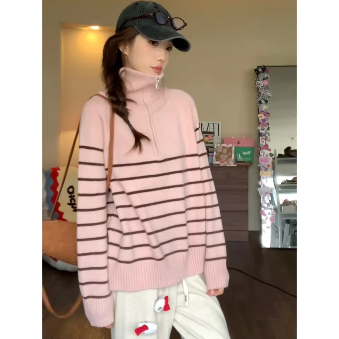 半拉链翻领毛衣女韩系小众条纹宽松外搭初秋冬长袖上衣套头针织衫