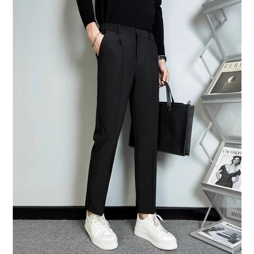 高级垂感商务薄款男款裤松紧腰百搭休闲裤男士四季直筒长裤小西裤