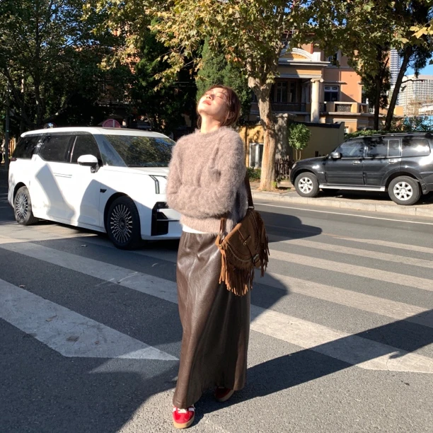 MINJA秋冬美拉德休闲半身裙纯色皮长裙复古气质简约半裙2386113