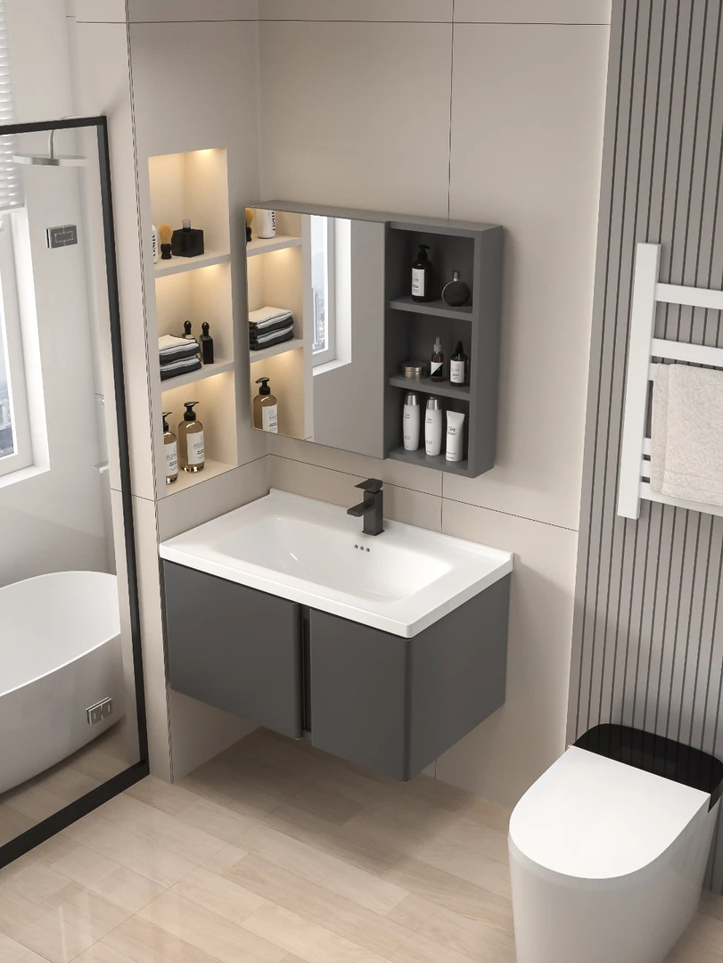 卫浴浴室柜洗漱台灰门门板陶瓷盆组合柜卫浴柜洗脸盆柜组合卫生间