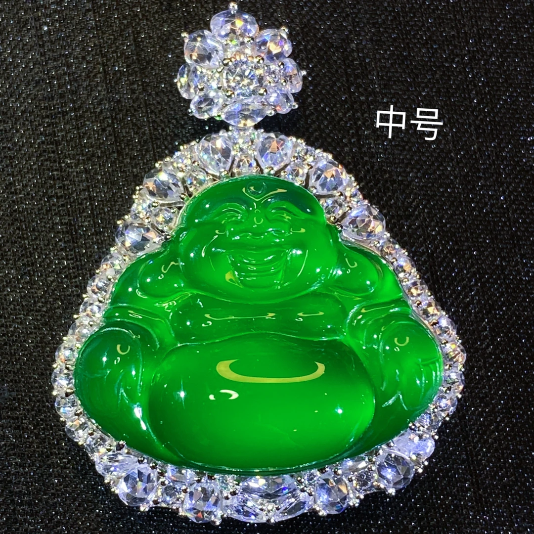 吊坠925银锆石 S925银镶嵌绿色佛公吊坠弥勒佛大肚佛时尚高档大气