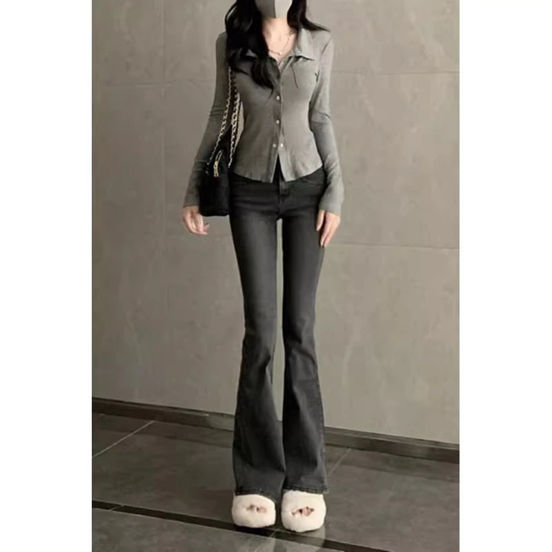 黑色微喇叭裤女加绒2024秋冬小个子裤子高街潮高腰显瘦牛仔马蹄裤