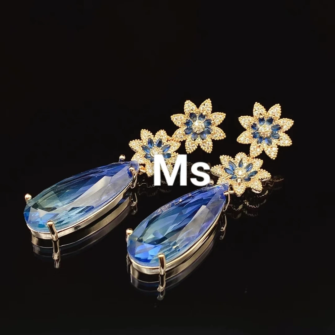 铜合金合成锆石耳饰 设计师高端上档次奢华水滴耳钉气质百搭时尚