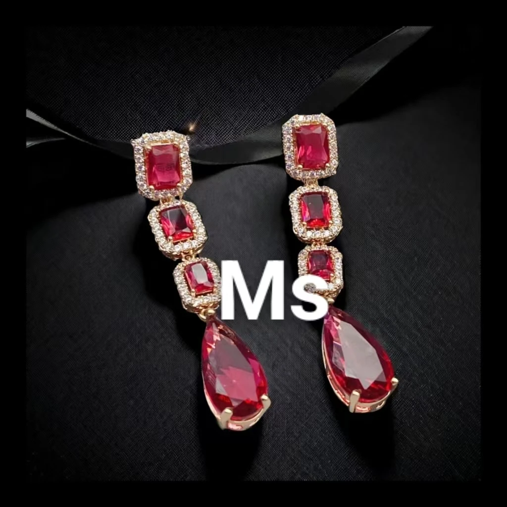 铜合金锆石耳饰 气质时尚轻奢复古百搭长款优雅小众红色素款欧美