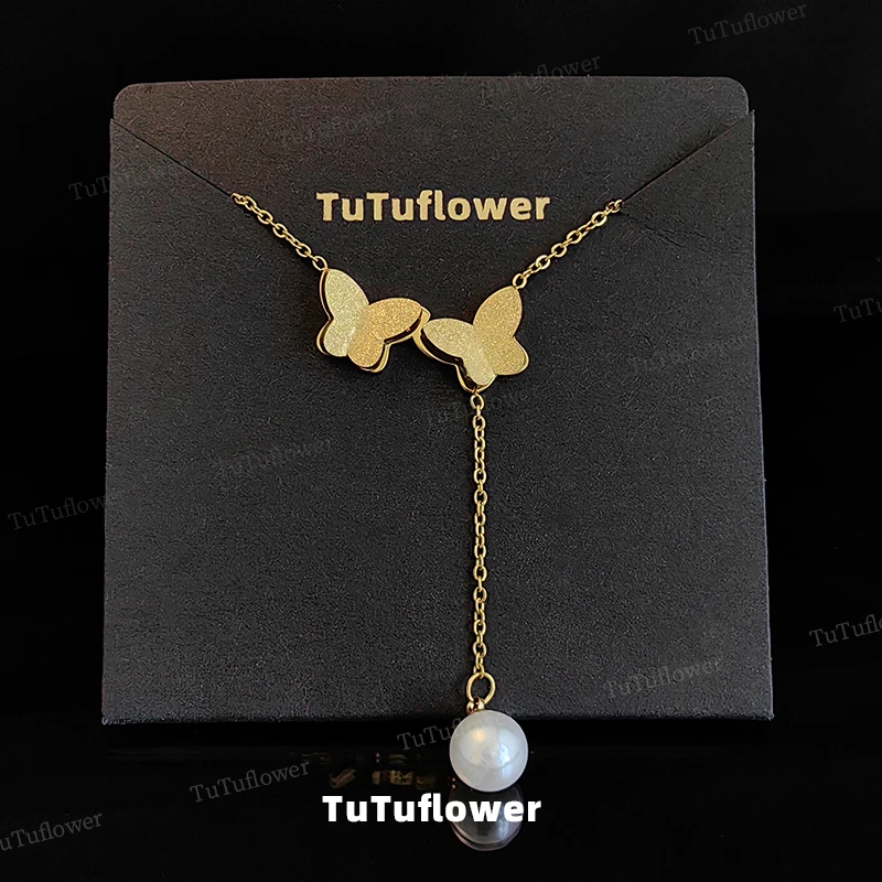 TuTuflower 钛钢项链 “庄周梦蝶”四只蝴蝶流苏吊坠钛钢颈链 简约