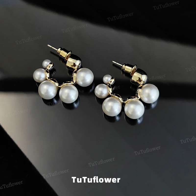TuTuflower 铜合金仿珍珠耳饰 甜美法式C型耳钉复古浪漫气质耳环