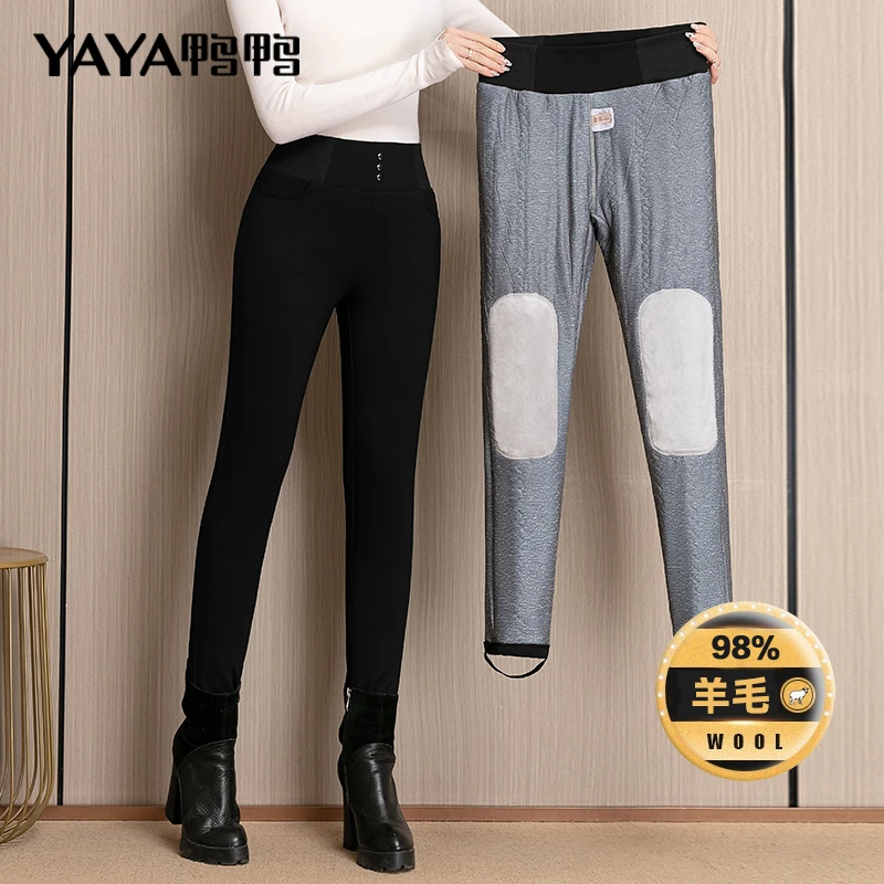 YAYA/鸭鸭正品羊毛裤女外穿加绒加厚中老年妈妈冬季保暖羊绒棉裤