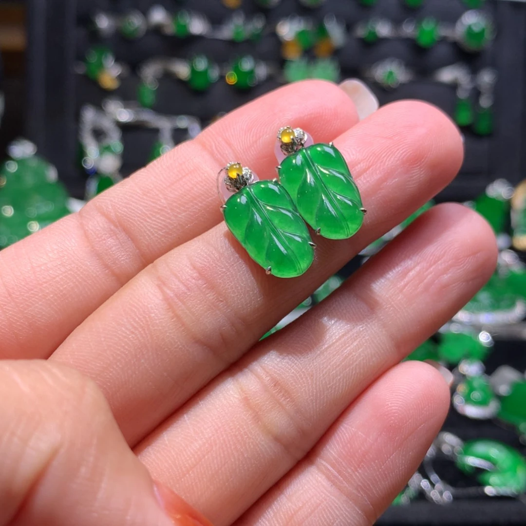 【闪购商品】翡翠耳饰18K金镶嵌叶子耳钉