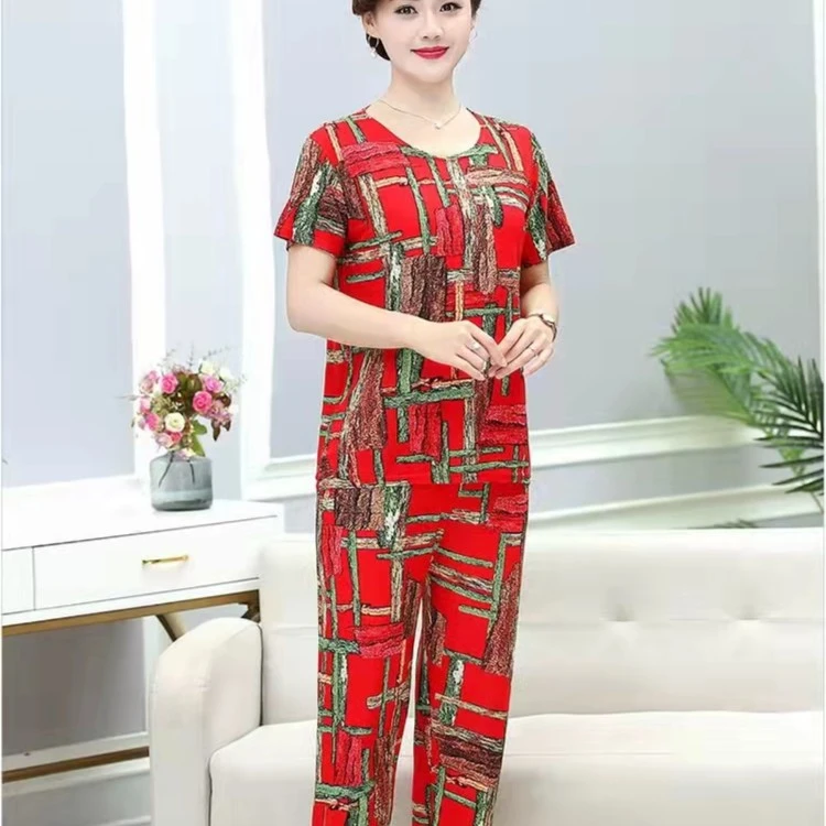 洋气妈妈装时尚印花夏季大码冰丝两件套装中老年短袖上衣七分裤
